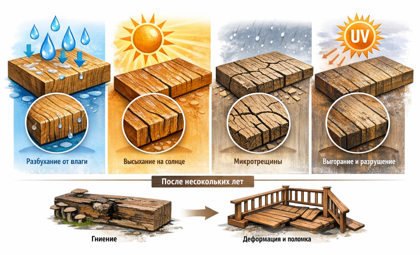 Почему дерево стареет быстрее: влага, УФ, растрескивание