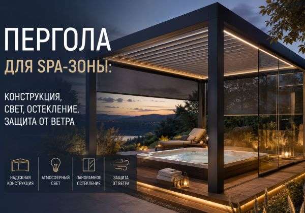 Пергола для СПА-зоны: конструкция, свет, остекление, защита от ветра