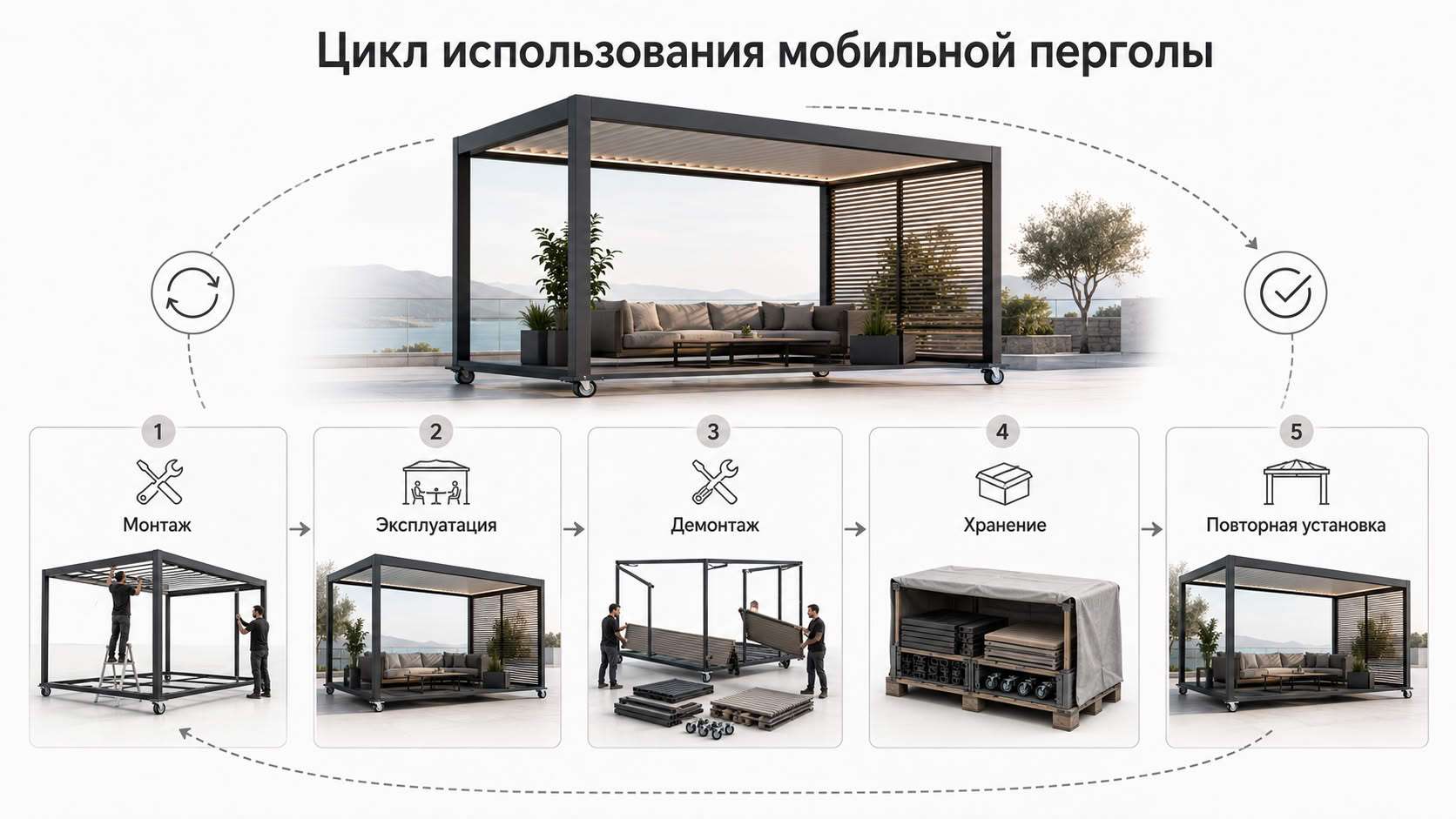 Сезонная пергола и повторный монтаж